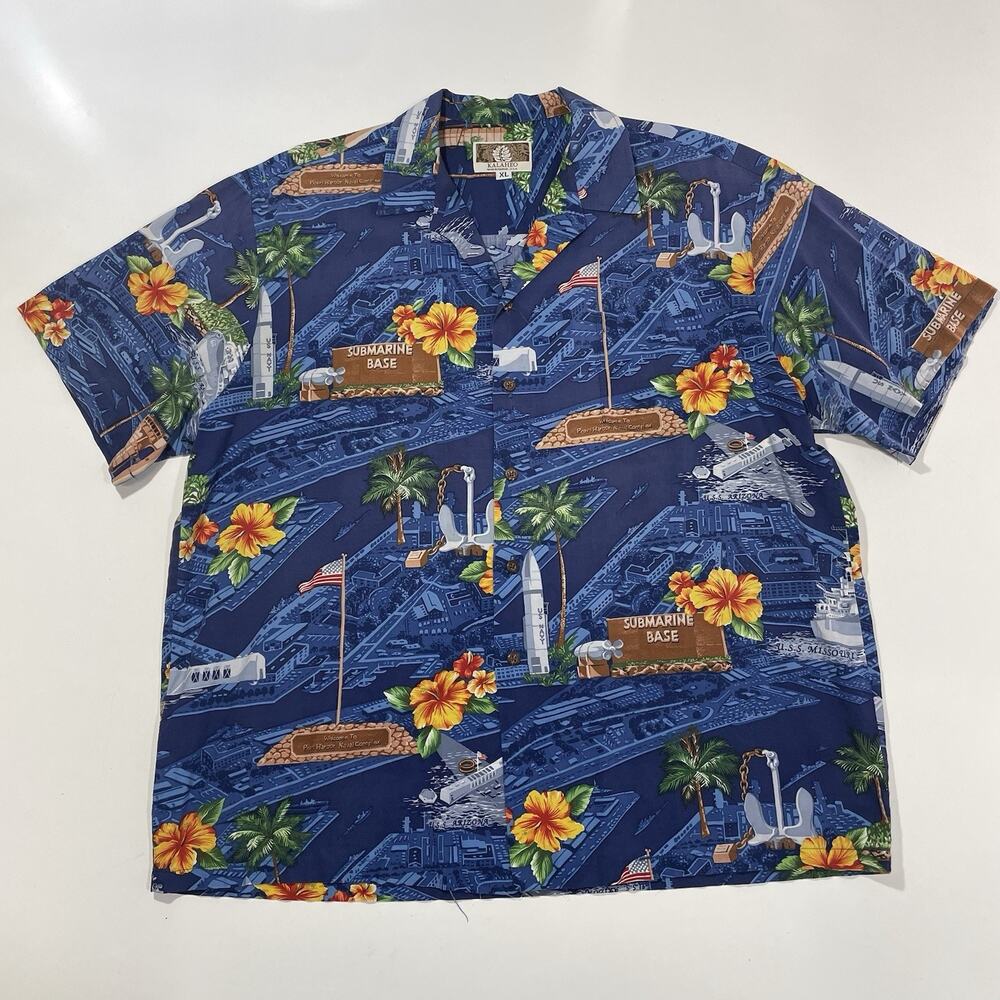 Kalaheo Shirt Adult XL Blue Floral Palm Tree Submarine Base Pearl Harbor